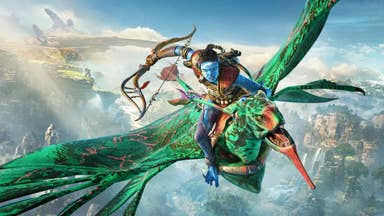 Avatar: Frontiers of Pandora promo artwork showing a Na'vi riding an Ikran towards the camera.