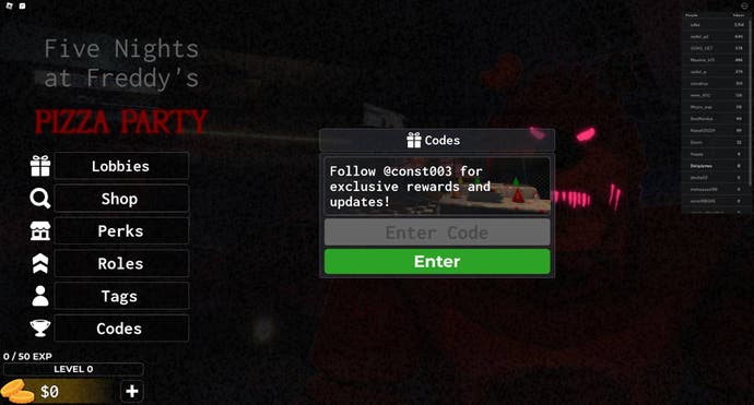 The pop-up box where you can enter a code in the menu of FNAF Pizza Party.