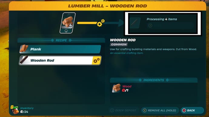fortnite lego lumber mill menu square highlighting collection section for processed rods