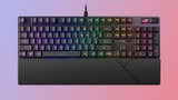 full-size mechanical keyboard on a gradient background, specifically the asus rog strix scope 2 rx