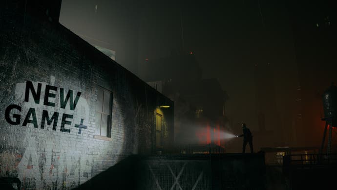 Alan Wake 2 New Game Plus promo image showing Alan shining his torch up on a graffiti covered wall