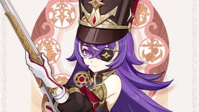 drip marketing of chevreuse character posing on a white background with a red circle behind her. Chevreuse is a long purple haired woman wearing a tall soldier hat and an eye patch and weirding an old fashioned rifle