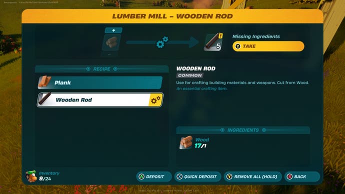 menu of making wooden rods at the spinning wheel in fortnite lego