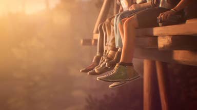 The four young protagonists of Lost Records sit on a ledge, their Converse-wearing feet in shot.