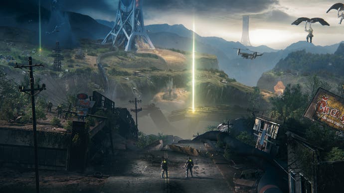Exoborne artwork shows a world ripped up, a broken road as if after an earthquake, and several human characters staring on.