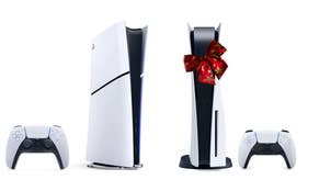 PS5 Slim Digital and Disc consoles with controllers and red christmas bow.