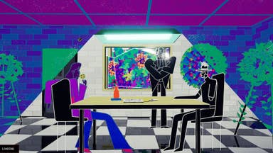 A colourful screenshot from Nirvana Noir showing two illustrated characters sat facing each other at a table while a standing man looks on, arms folded.