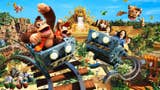 Donkey Kong Country rollercoaster ride in front of a temple, bananas and bongos everywhere